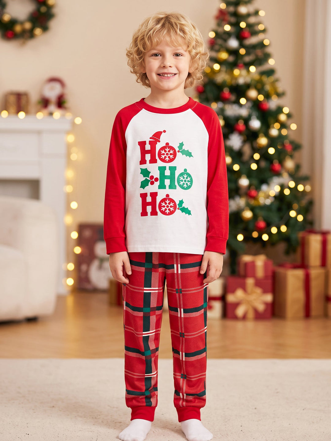 Christmas Family Matching Pajamas | Ho Ho Ho Letter Print Raglan Top & Red Plaid Pants Set - MOSSRIVER
