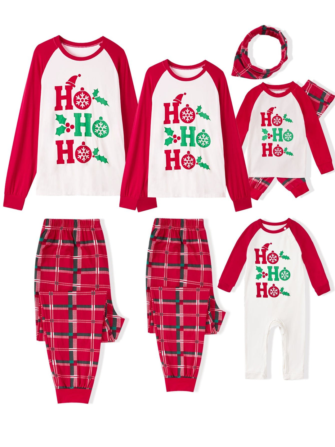 Christmas Family Matching Pajamas | Ho Ho Ho Letter Print Raglan Top & Red Plaid Pants Set - MOSSRIVER