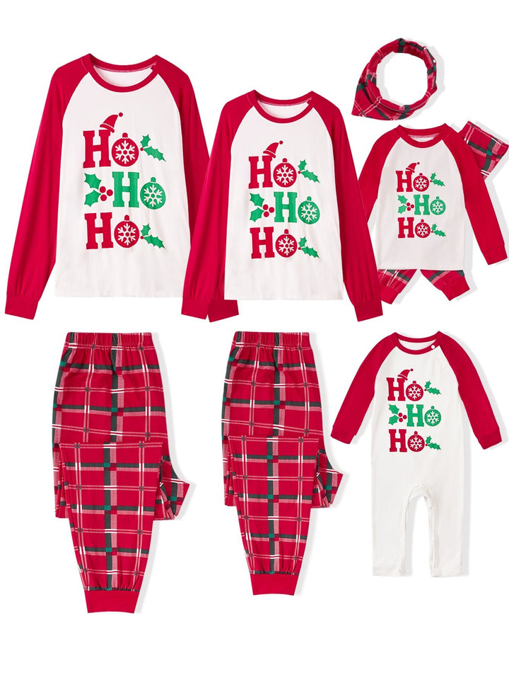 Christmas Family Matching Pajamas | Ho Ho Ho Letter Print Raglan Top & Red Plaid Pants Set - MOSSRIVER