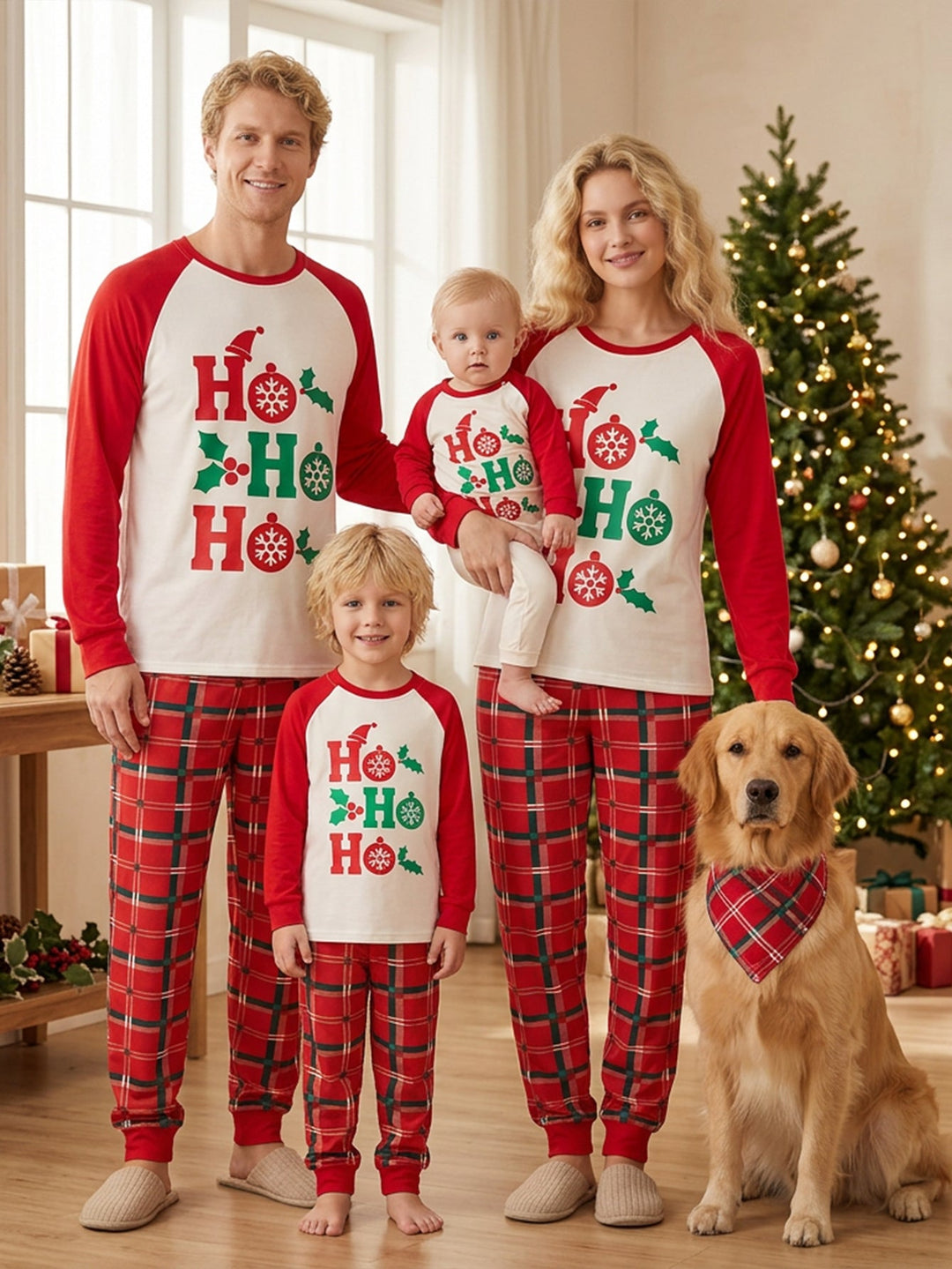 Christmas Family Matching Pajamas | Ho Ho Ho Letter Print Raglan Top & Red Plaid Pants Set - MOSSRIVER