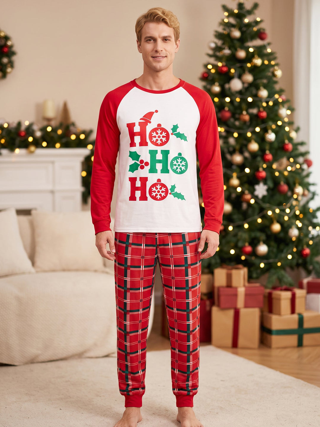 Christmas Family Matching Pajamas | Ho Ho Ho Letter Print Raglan Top & Red Plaid Pants Set - MOSSRIVER