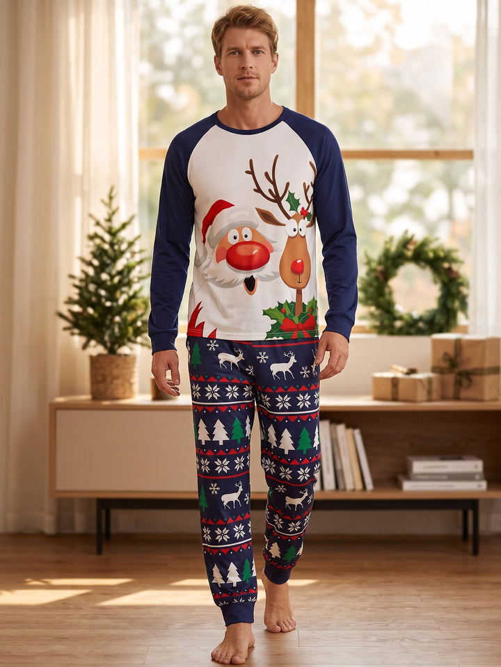 Christmas Family Matching Pajamas | Santa and Reindeer Graphic Raglan Long Sleeve Set - MOSSRIVER