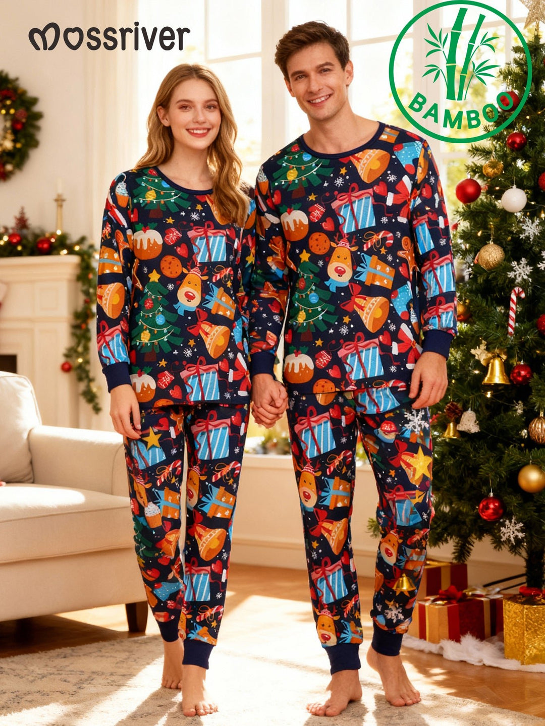 Christmas family - themed bamboo fiber long - sleeved pajamas, featuring a design of a Christmas tree, gifts, reindeer, and cookie people - MOSSRIVER