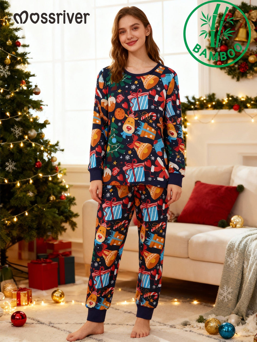 Christmas family - themed bamboo fiber long - sleeved pajamas, featuring a design of a Christmas tree, gifts, reindeer, and cookie people - MOSSRIVER