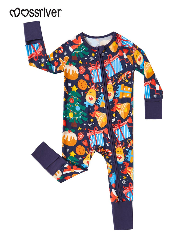 Christmas family - themed bamboo fiber long - sleeved pajamas, featuring a design of a Christmas tree, gifts, reindeer, and cookie people - MOSSRIVER