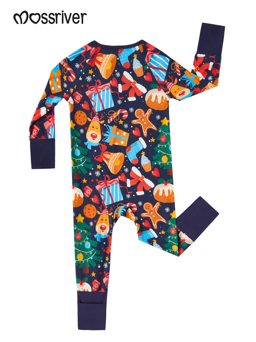 Christmas family - themed bamboo fiber long - sleeved pajamas, featuring a design of a Christmas tree, gifts, reindeer, and cookie people - MOSSRIVER