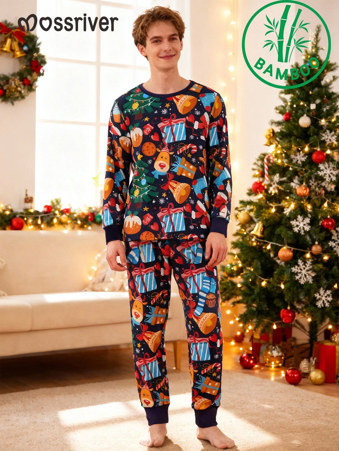 Christmas family - themed bamboo fiber long - sleeved pajamas, featuring a design of a Christmas tree, gifts, reindeer, and cookie people - MOSSRIVER
