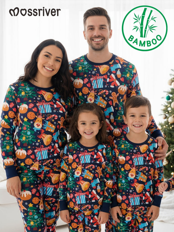 Christmas family - themed bamboo fiber long - sleeved pajamas, featuring a design of a Christmas tree, gifts, reindeer, and cookie people - MOSSRIVER