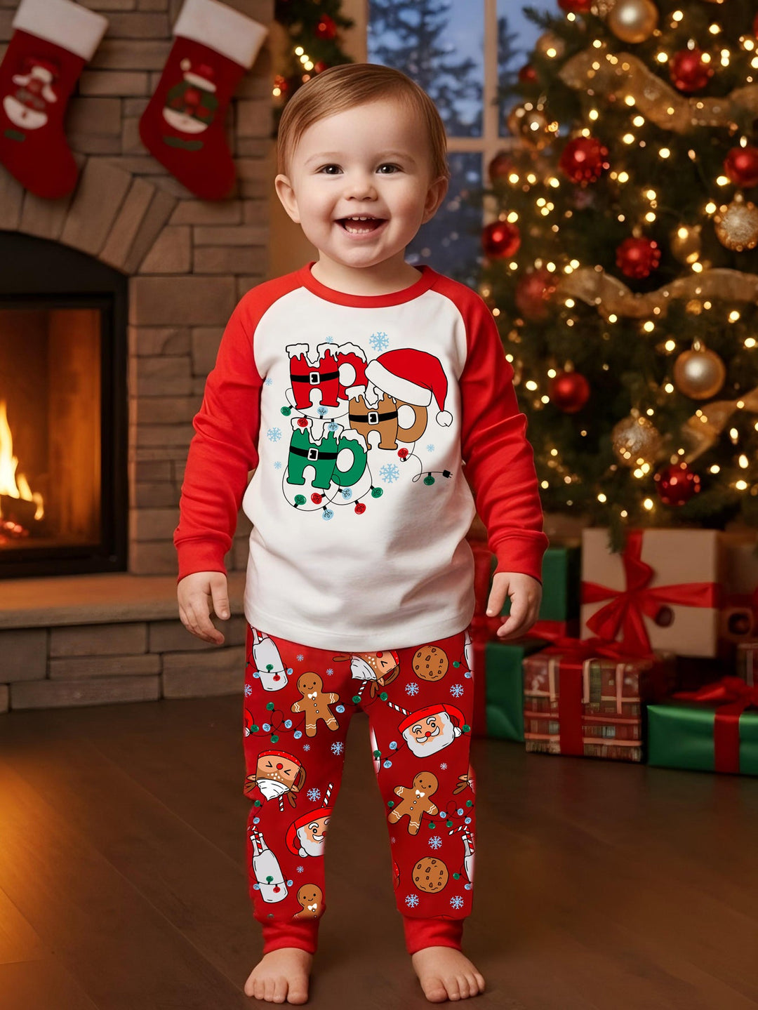 Christmas Long - Sleeve Kid's Two - Piece (Christmas Ho Ho Ho and Cookies Print) - MOSSRIVER