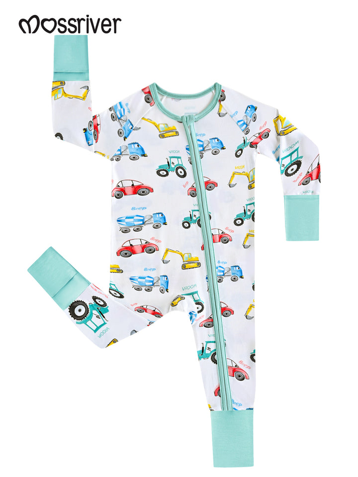 Watercolor Vehicles Footies Mitten Double-Zipper One-Piece