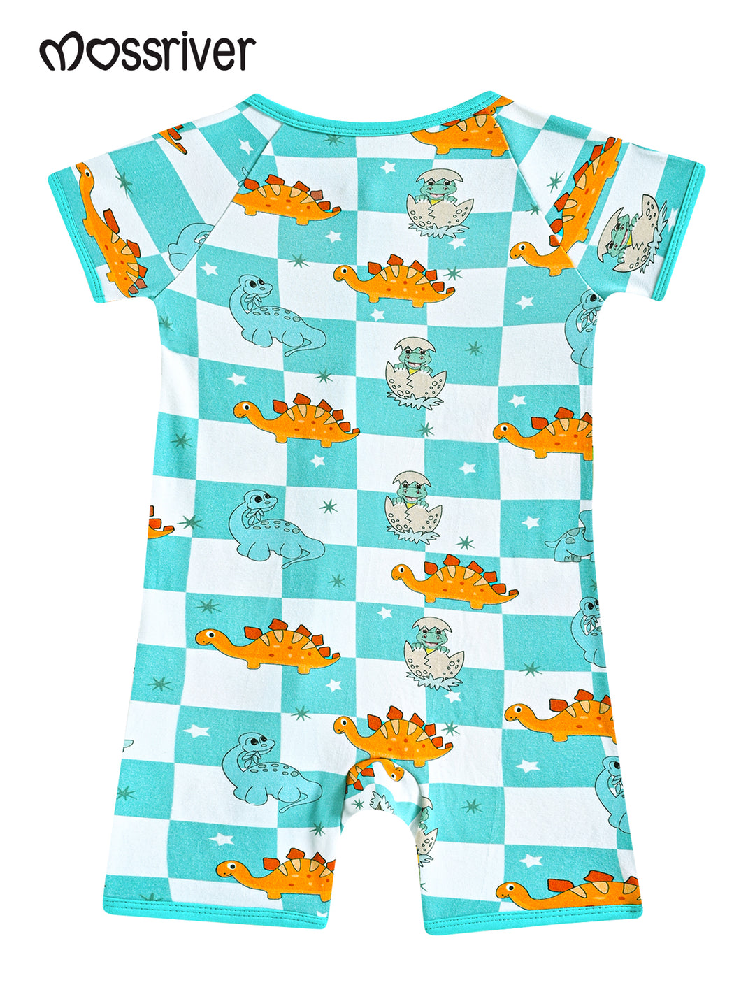 Bamboo Short-Sleeve Baby One-Piece Checkered Dinosaurs Print