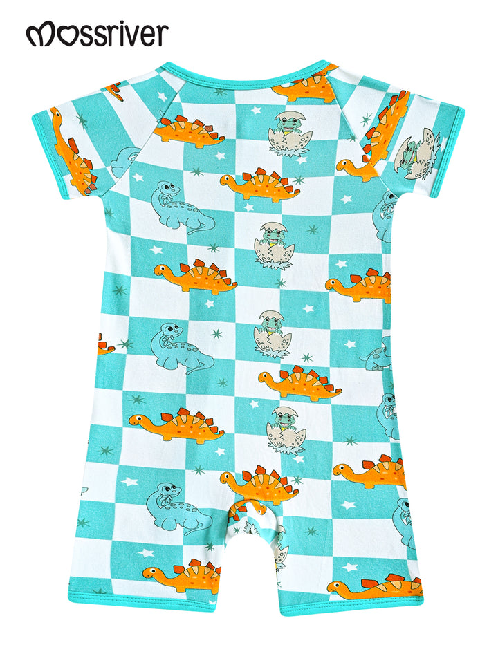 Bamboo Short-Sleeve Baby One-Piece Checkered Dinosaurs Print