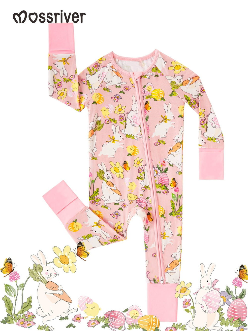 Easter Egg Rabbit Footies Mitten Long - Sleeve Baby One - Piece Double Zipper - MOSSRIVER