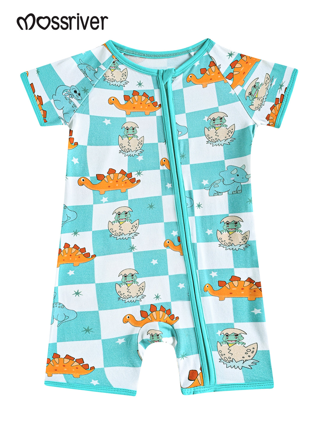 Bamboo Short-Sleeve Baby One-Piece Checkered Dinosaurs Print