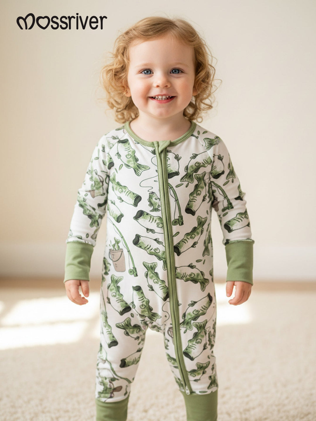 Fishing Print Baby One - Piece Long - Sleeve Zipper - MOSSRIVER