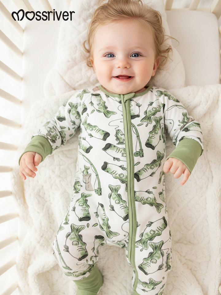 Fishing Print Baby One - Piece Long - Sleeve Zipper - MOSSRIVER