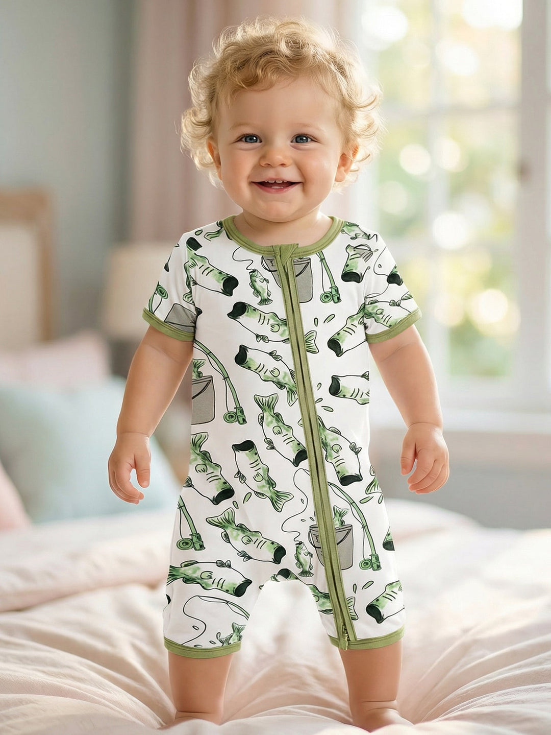 Fishing Print Short - Sleeve Baby One - Piece Zipper - MOSSRIVER