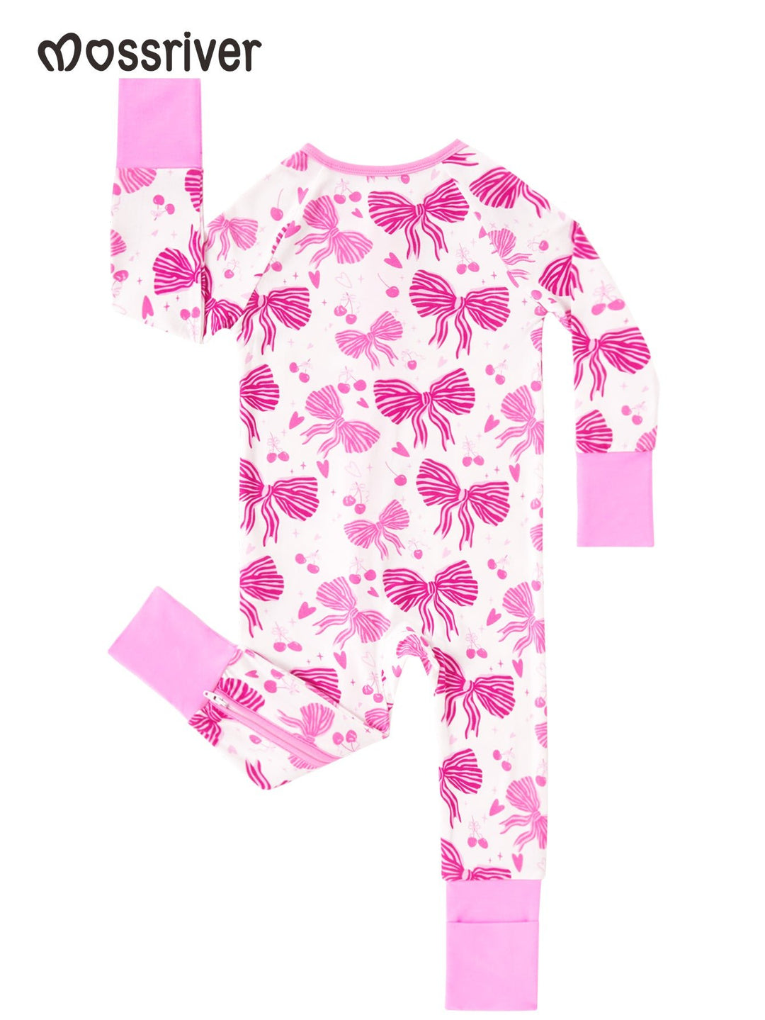Footies Mitten Long - Sleeve Baby One - Piece Double Zipper Bow Cherry Print - MOSSRIVER