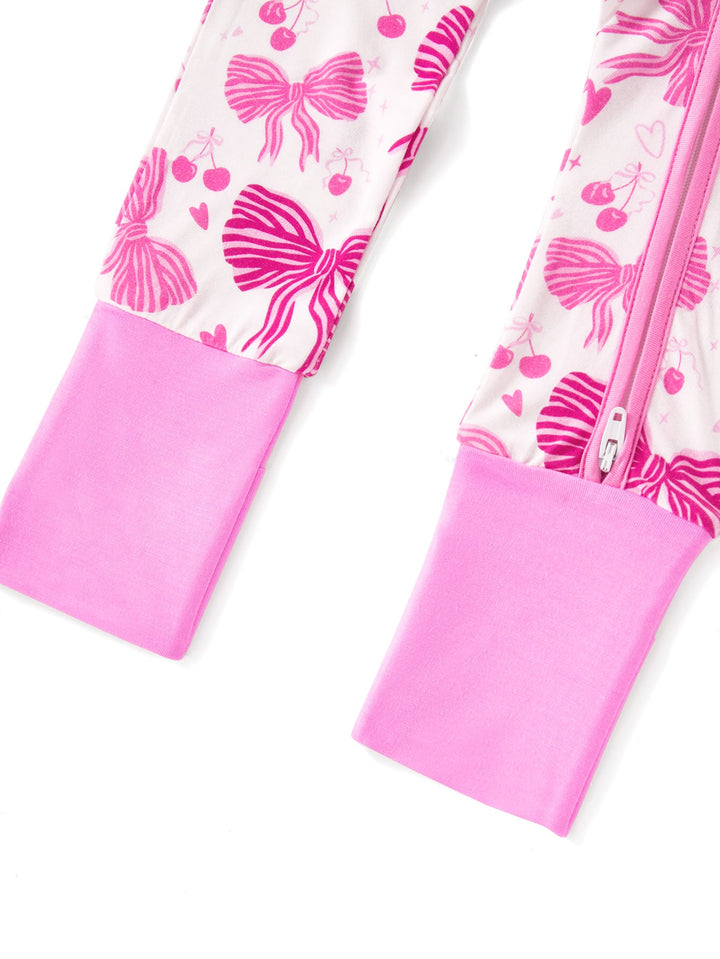 Footies Mitten Long - Sleeve Baby One - Piece Double Zipper Bow Cherry Print - MOSSRIVER