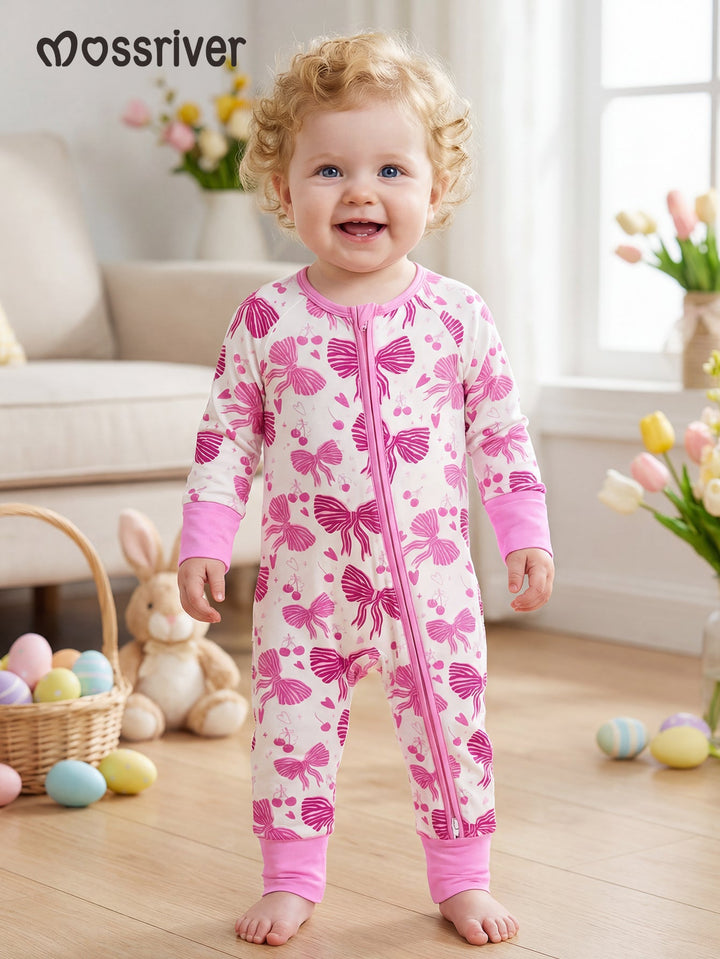 Footies Mitten Long - Sleeve Baby One - Piece Double Zipper Bow Cherry Print - MOSSRIVER