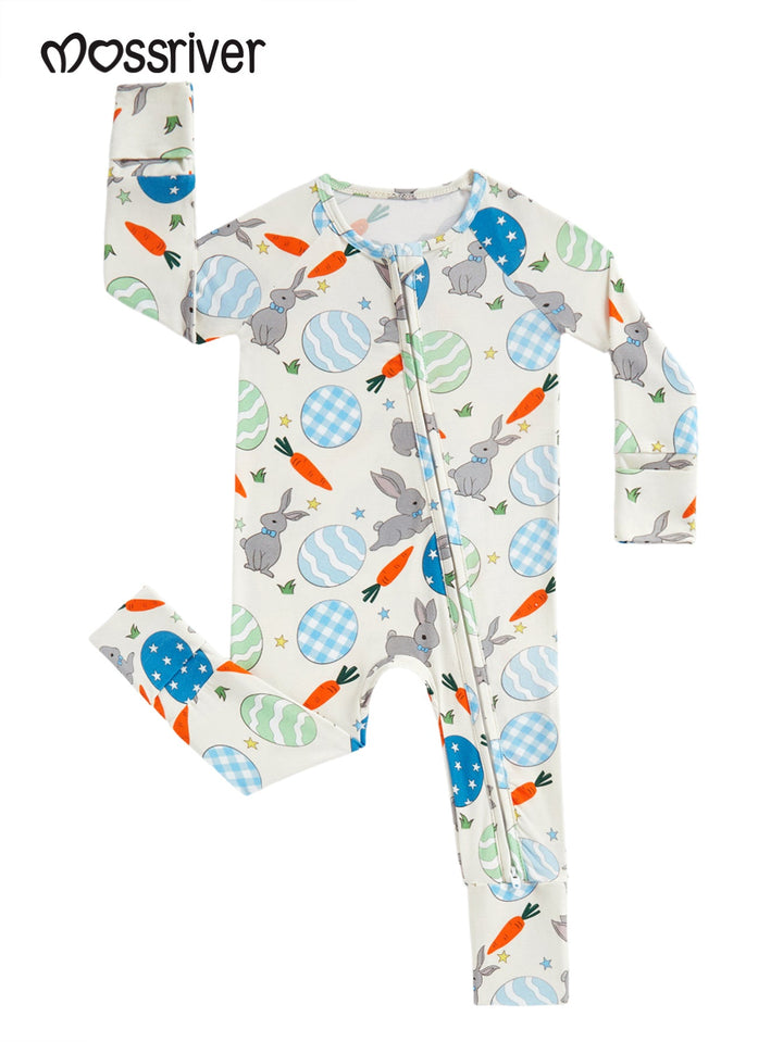 Footies Mitten Long - Sleeve Baby One - Piece Easter Bunny Egg Print Double Zipper - MOSSRIVER