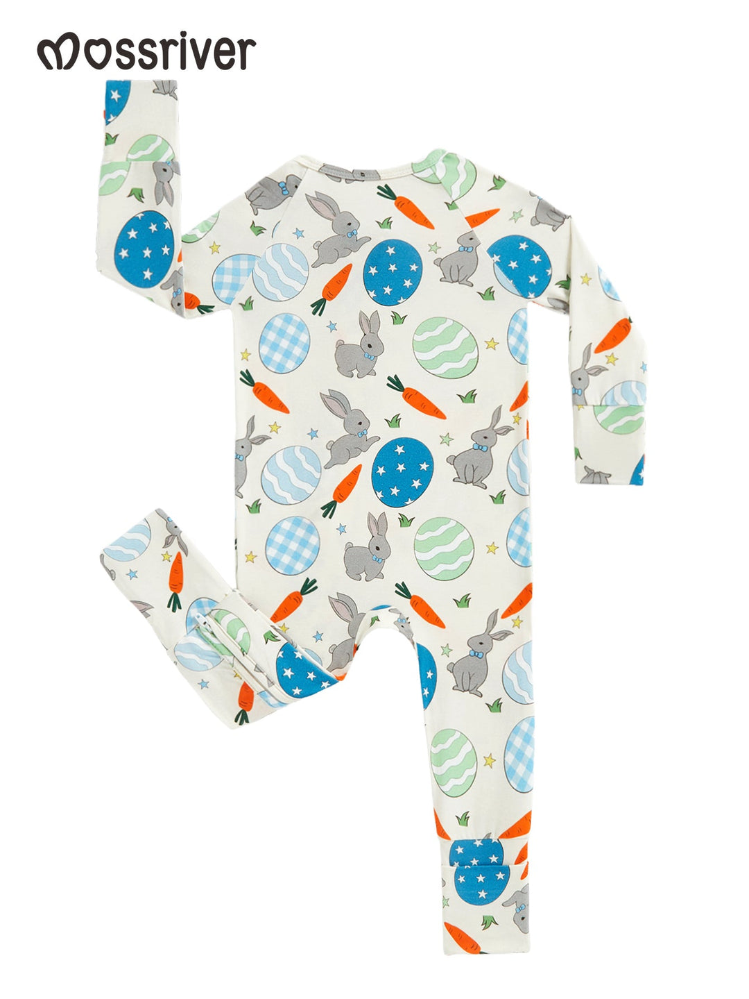 Footies Mitten Long - Sleeve Baby One - Piece Easter Bunny Egg Print Double Zipper - MOSSRIVER