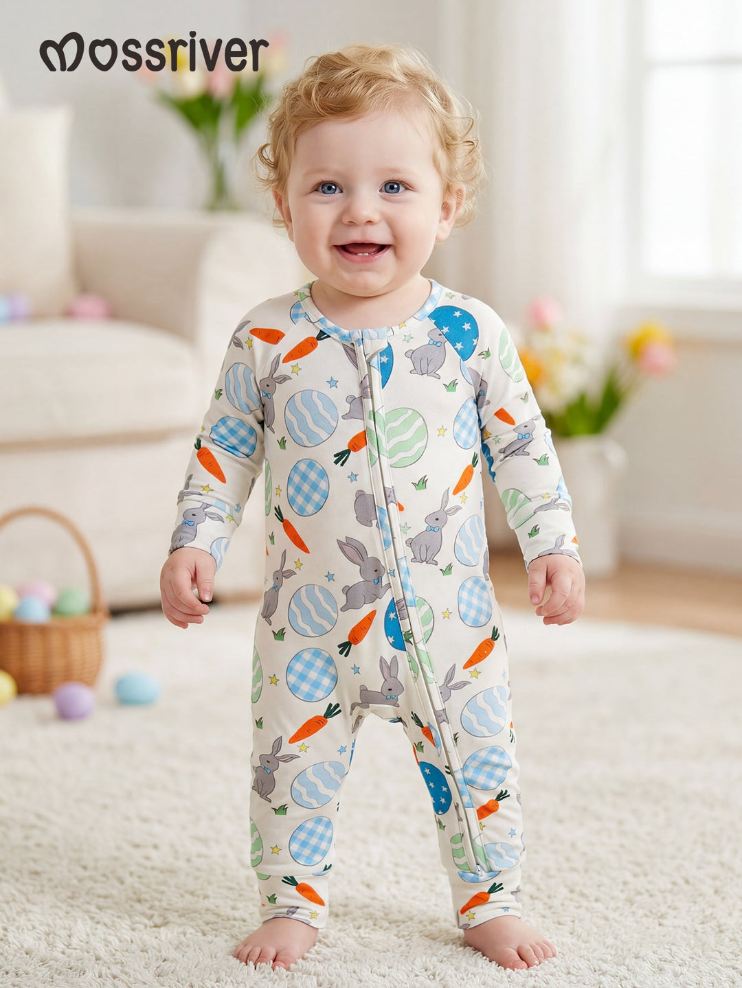 Footies Mitten Long - Sleeve Baby One - Piece Easter Bunny Egg Print Double Zipper - MOSSRIVER