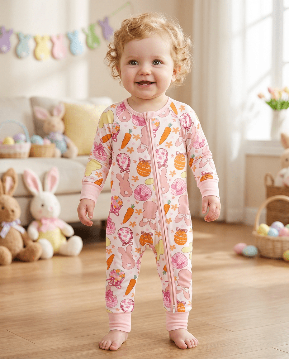 Footies Mitten Long - Sleeve Baby One - Piece Easter Eggs Bunny Double - Zipper - MOSSRIVER