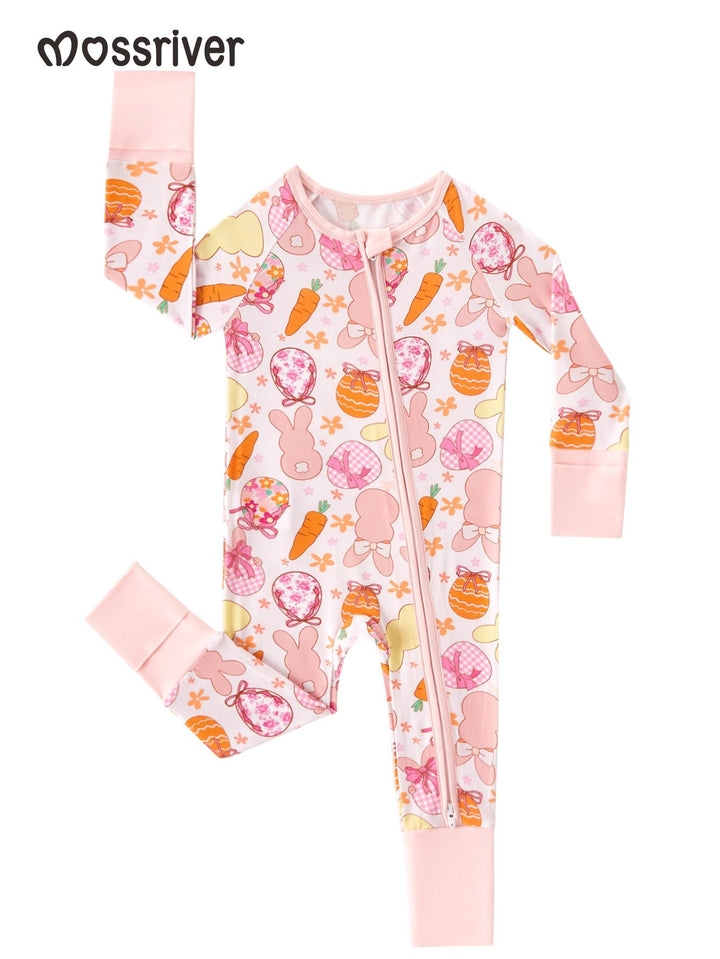 Footies Mitten Long - Sleeve Baby One - Piece Easter Eggs Bunny Double - Zipper - MOSSRIVER