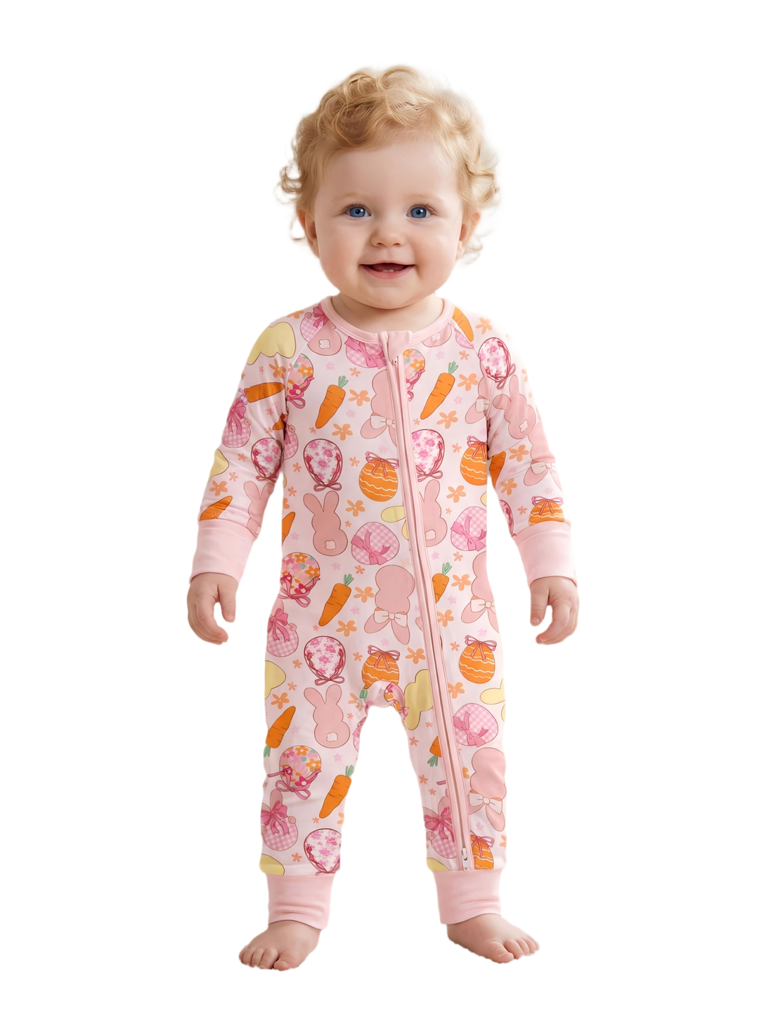 Footies Mitten Long - Sleeve Baby One - Piece Easter Eggs Bunny Double - Zipper - MOSSRIVER