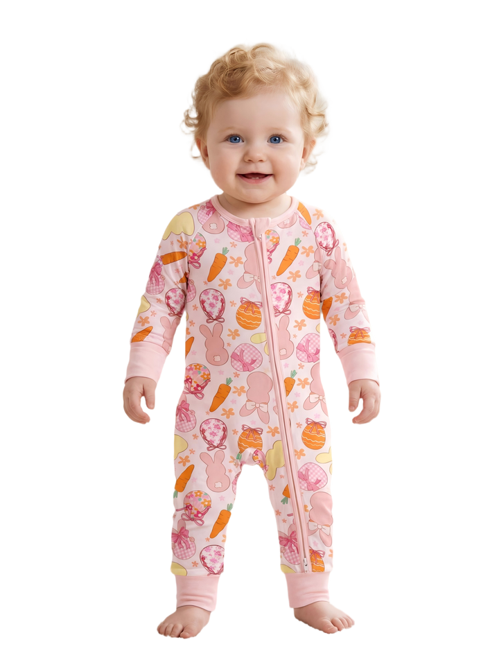 Footies Mitten Long - Sleeve Baby One - Piece Easter Eggs Bunny Double - Zipper - MOSSRIVER