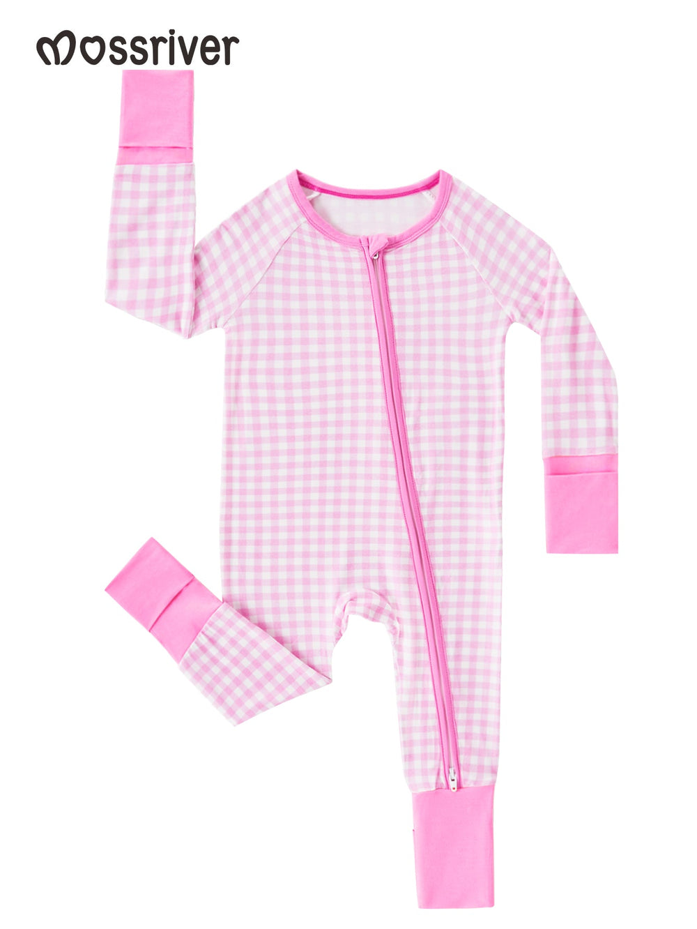 Footies Mitten Long - Sleeve Baby One - Piece Pink Gingham Double Zipper - MOSSRIVER