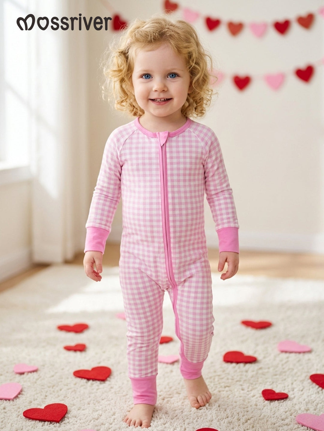 Footies Mitten Long - Sleeve Baby One - Piece Pink Gingham Double Zipper - MOSSRIVER