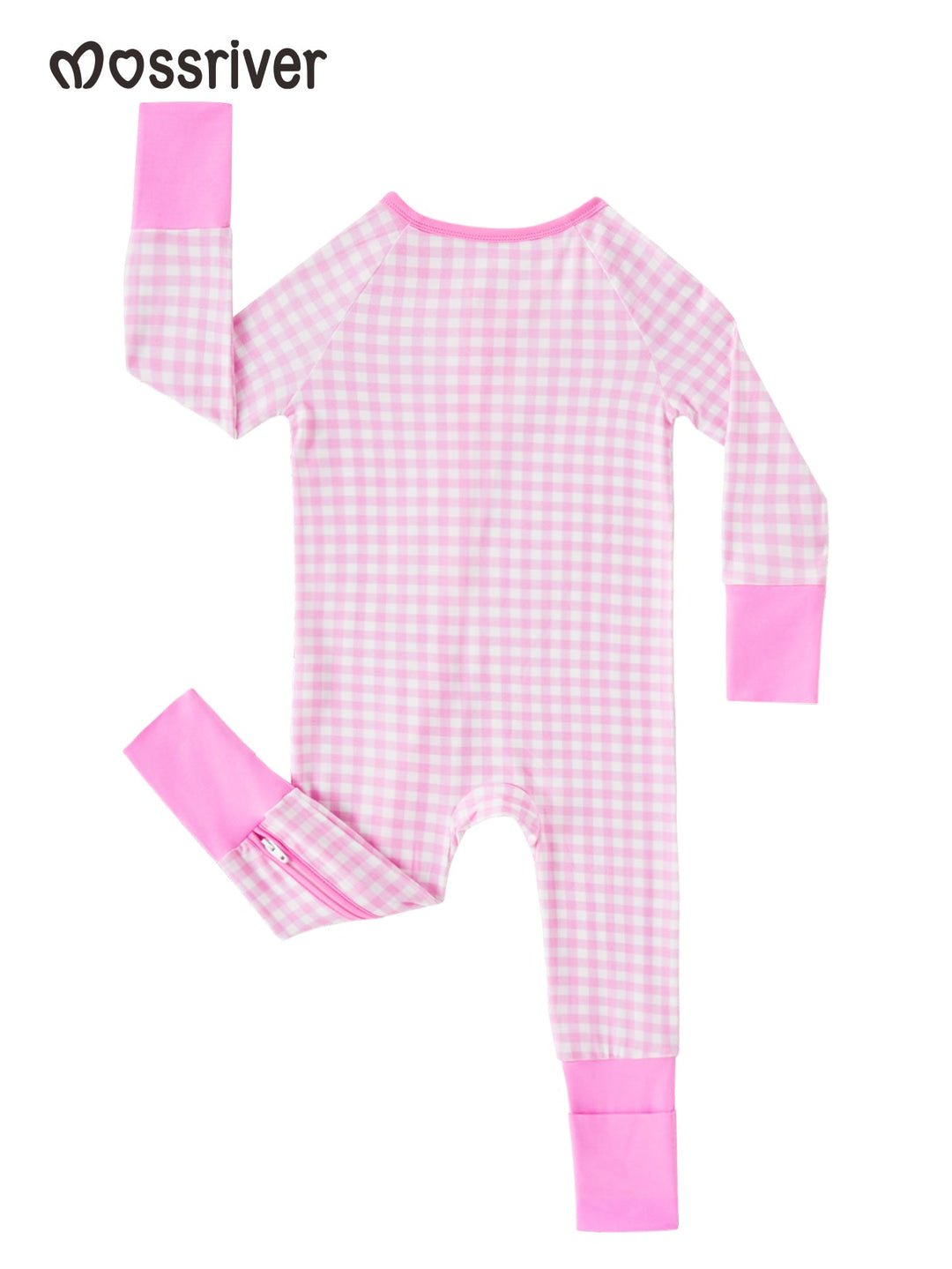Footies Mitten Long - Sleeve Baby One - Piece Pink Gingham Double Zipper - MOSSRIVER