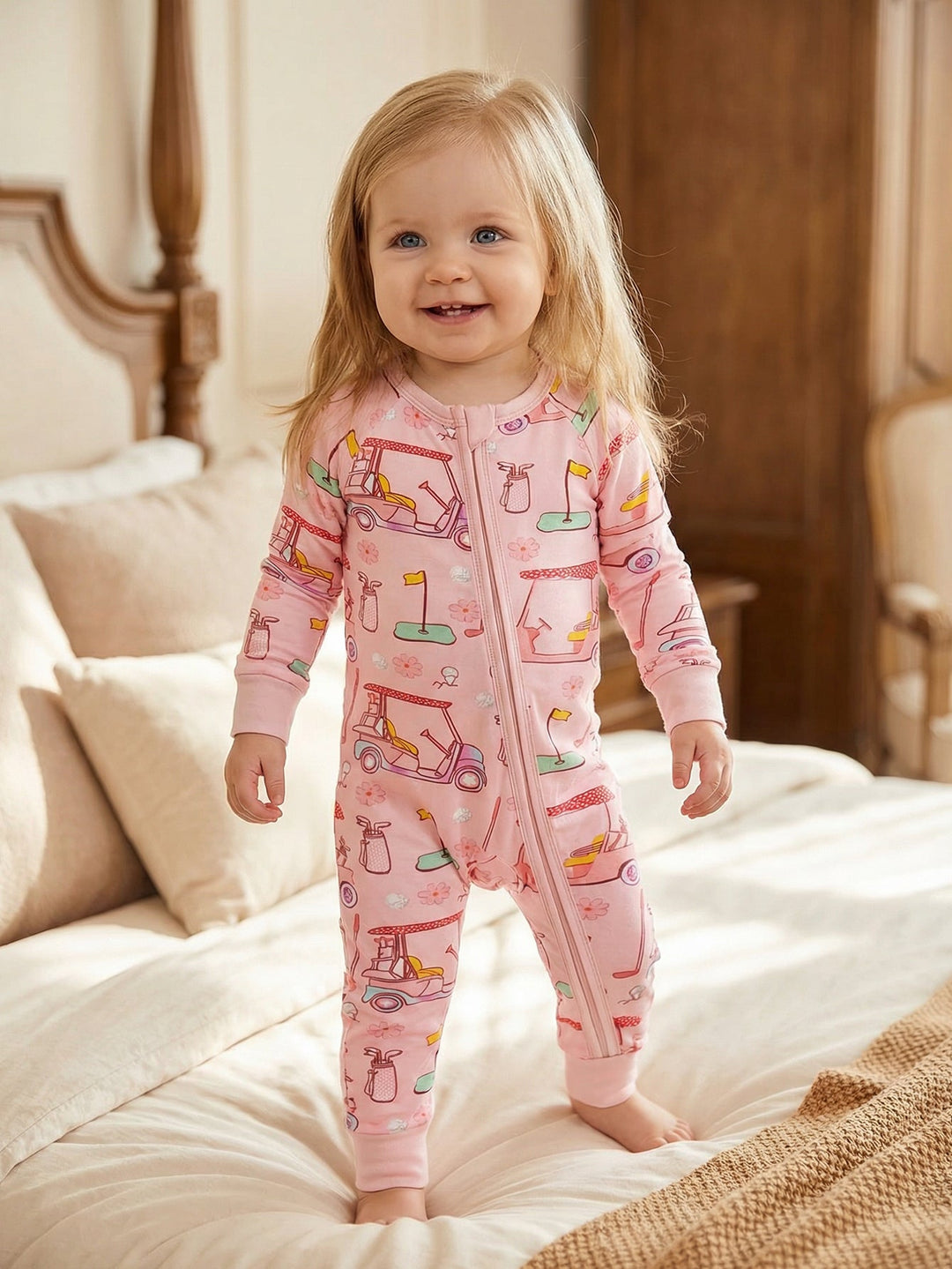 Golf Print Bamboo Baby One - Piece Long - Sleeve Footies Mitten Double - Zipper - MOSSRIVER