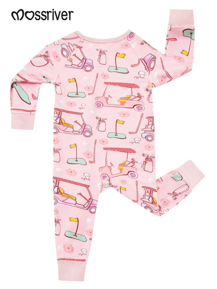 Golf Print Bamboo Baby One - Piece Long - Sleeve Footies Mitten Double - Zipper - MOSSRIVER