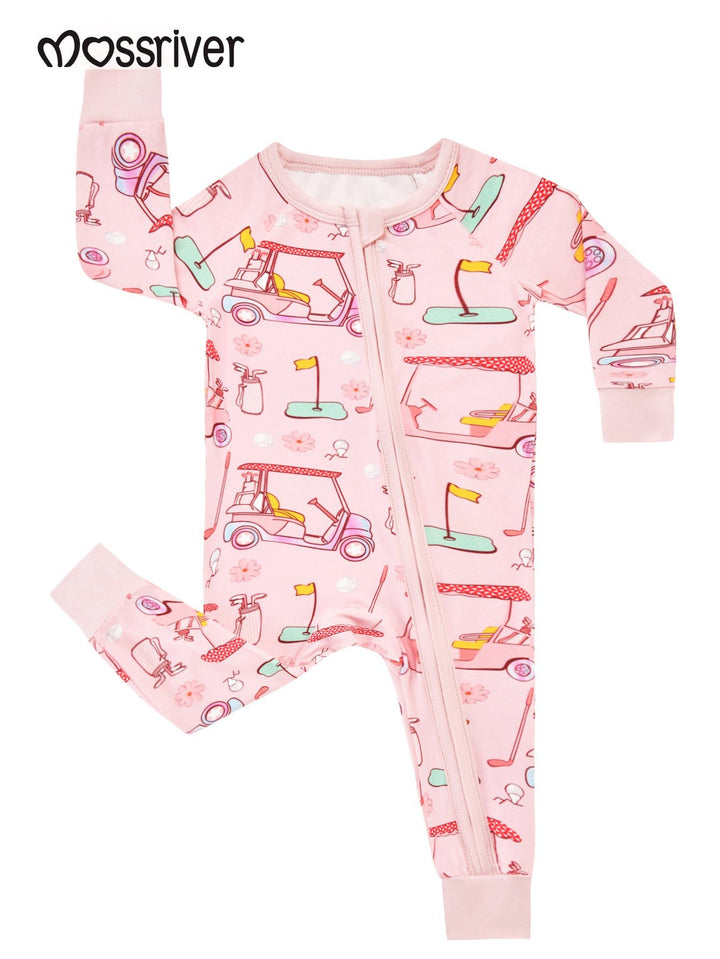 Golf Print Bamboo Baby One - Piece Long - Sleeve Footies Mitten Double - Zipper - MOSSRIVER