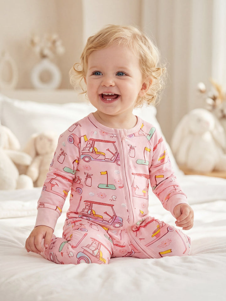 Golf Print Bamboo Baby One - Piece Long - Sleeve Footies Mitten Double - Zipper - MOSSRIVER