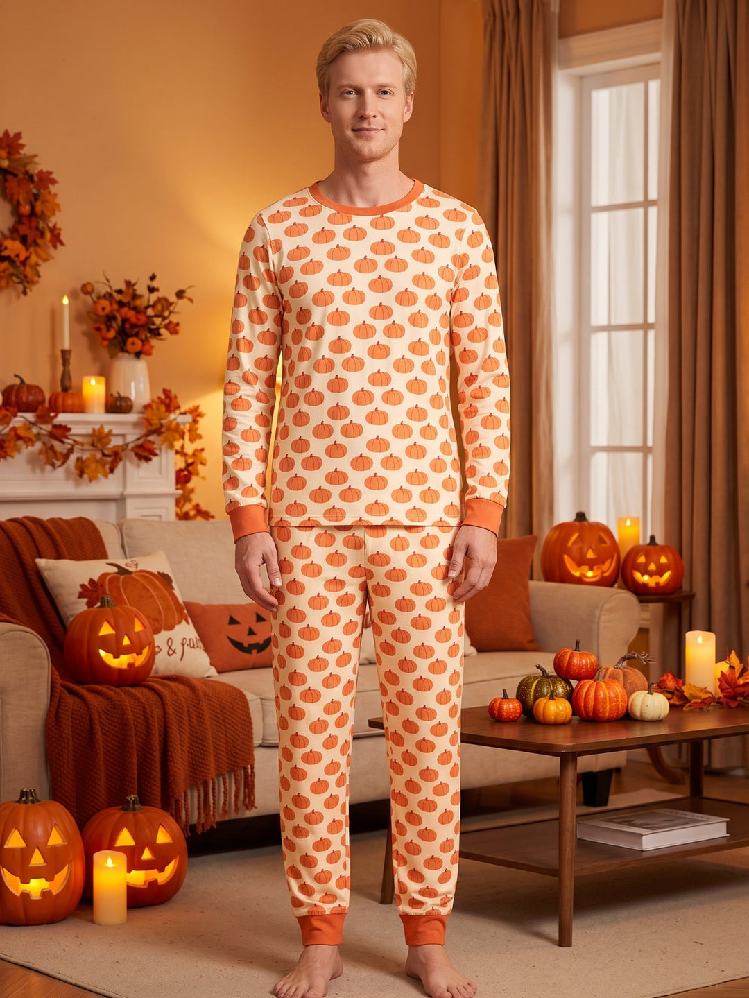 Halloween Family Matching Pajamas | Allover Pumpkin Print Long Sleeve Set - MOSSRIVER