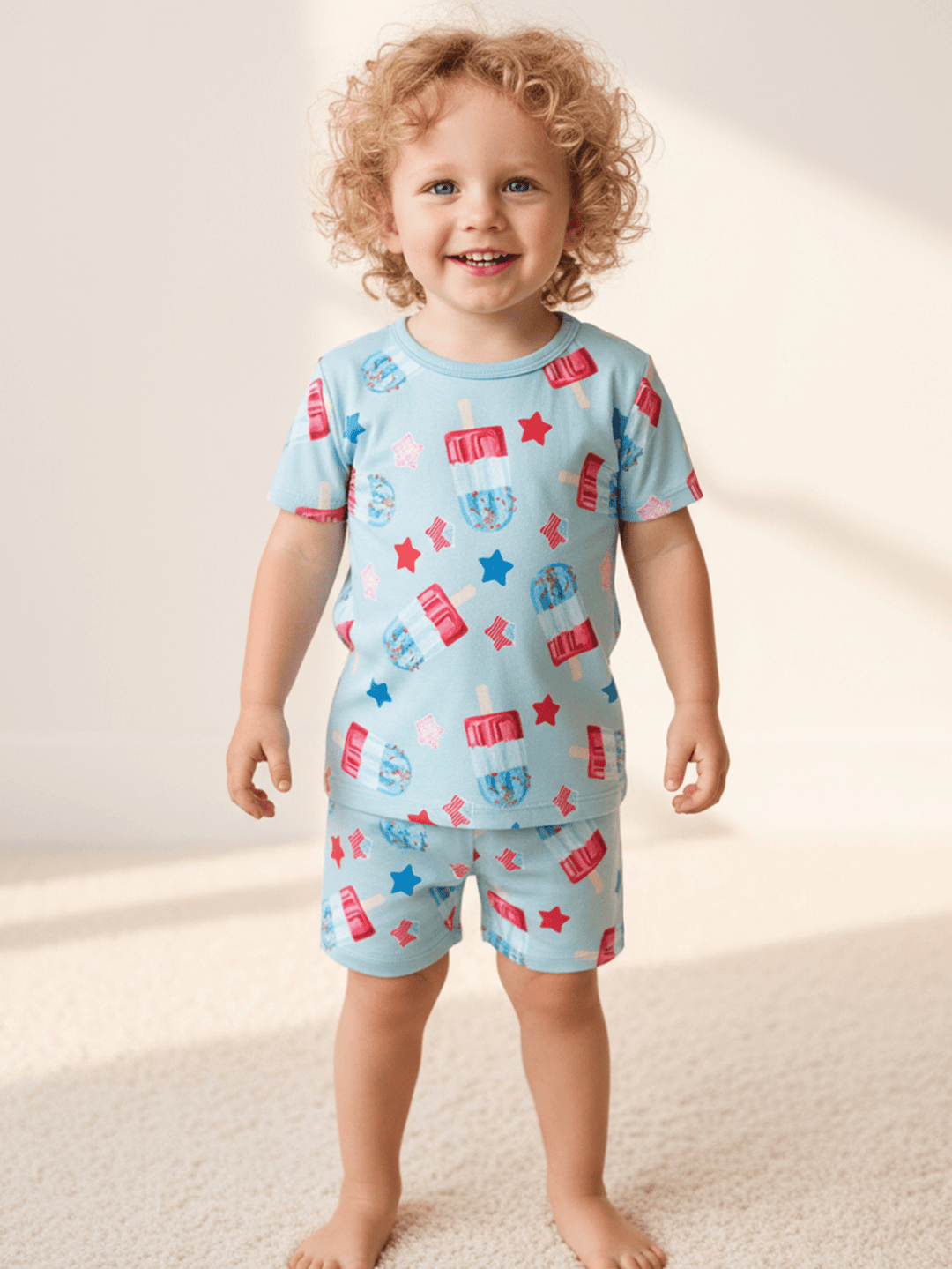 Kids Bamboo Pajama Set | Red White Blue Popsicle Stars Short Sleeve Sleepwear - MOSSRIVER