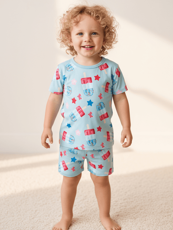 Kids Bamboo Pajama Set | Red White Blue Popsicle Stars Short Sleeve Sleepwear - MOSSRIVER
