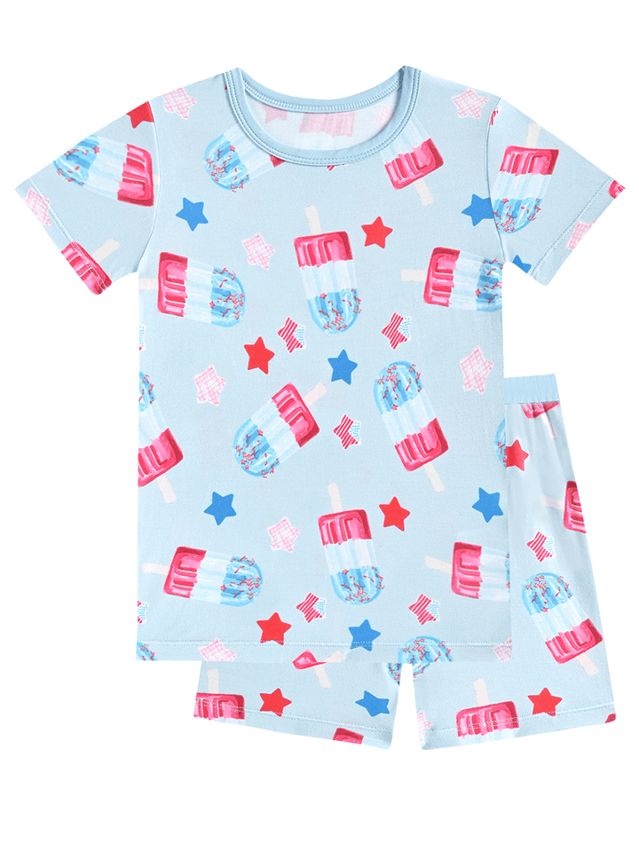 Kids Bamboo Pajama Set | Red White Blue Popsicle Stars Short Sleeve Sleepwear - MOSSRIVER