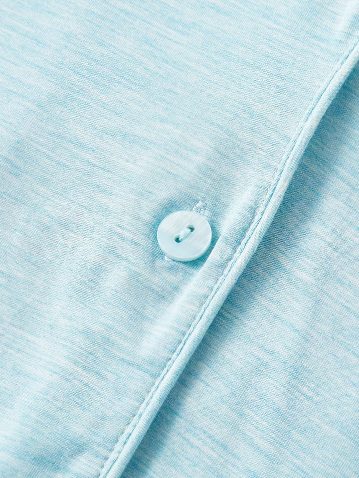 Light Blue Heathered Knit Short Sleeve Button - Down Pajama Set - MOSSRIVER