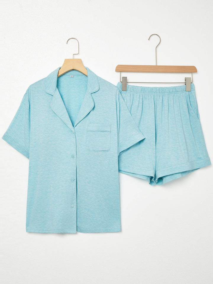 Light Blue Heathered Knit Short Sleeve Button - Down Pajama Set - MOSSRIVER