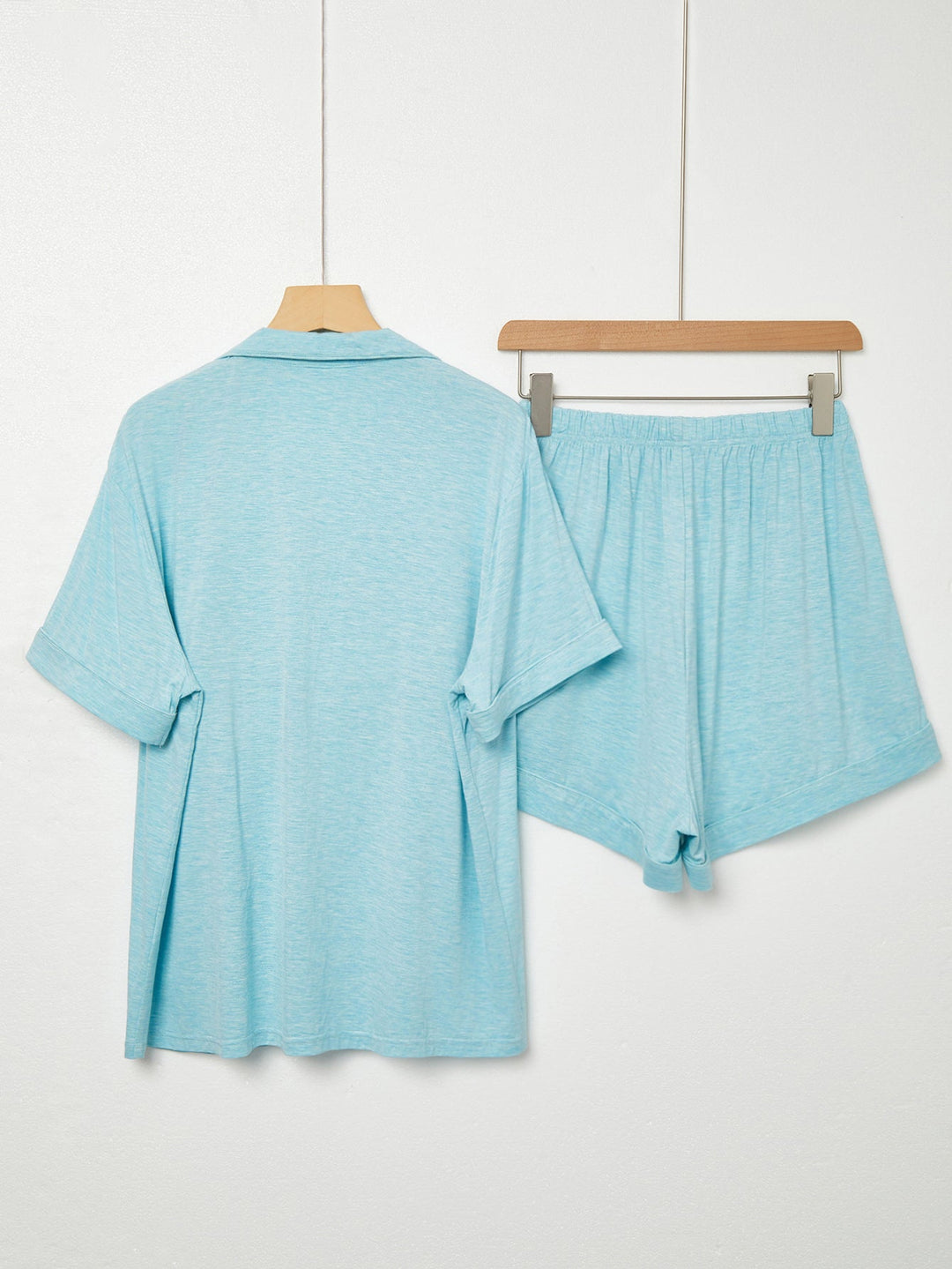 Light Blue Heathered Knit Short Sleeve Button - Down Pajama Set - MOSSRIVER