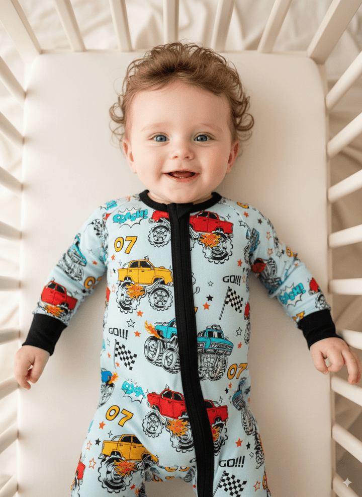Monster Truck Footies Mitten Bamboo Long - Sleeve Baby One - Piece Double Zipper - MOSSRIVER