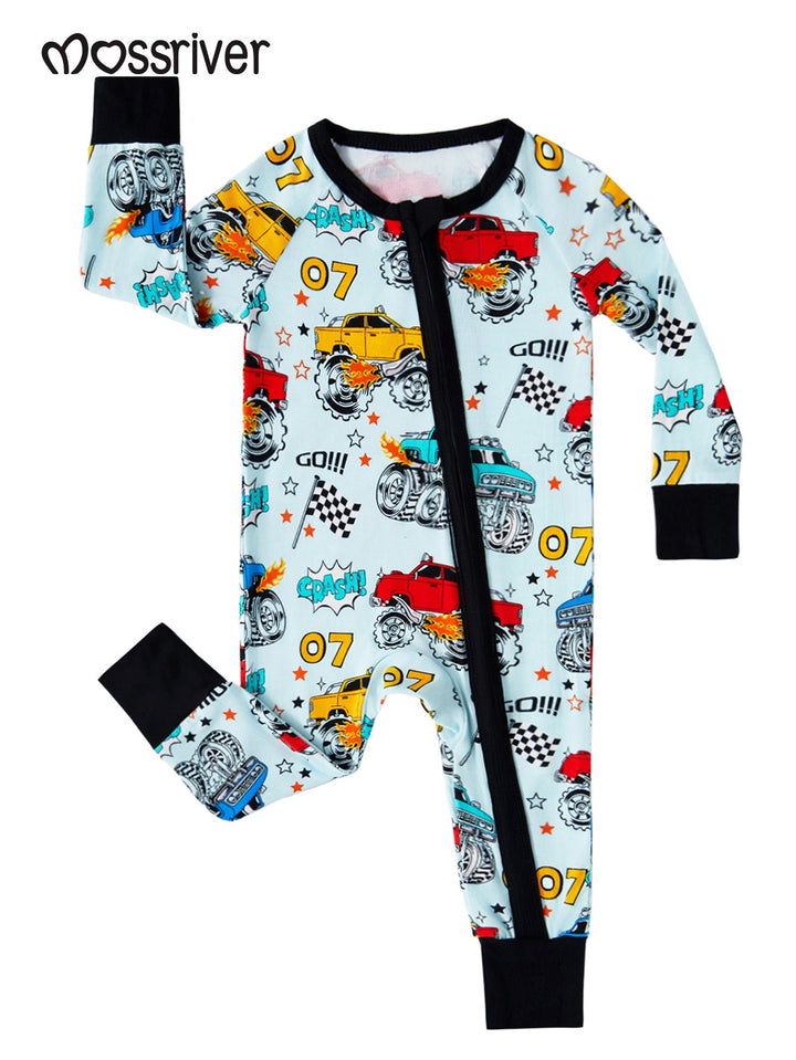 Monster Truck Footies Mitten Bamboo Long - Sleeve Baby One - Piece Double Zipper - MOSSRIVER