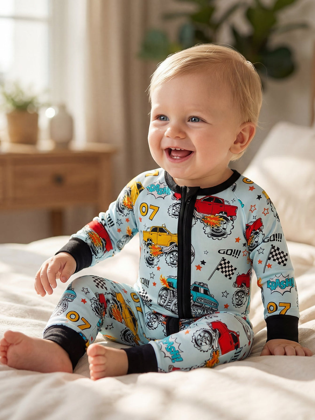 Monster Truck Footies Mitten Bamboo Long - Sleeve Baby One - Piece Double Zipper - MOSSRIVER