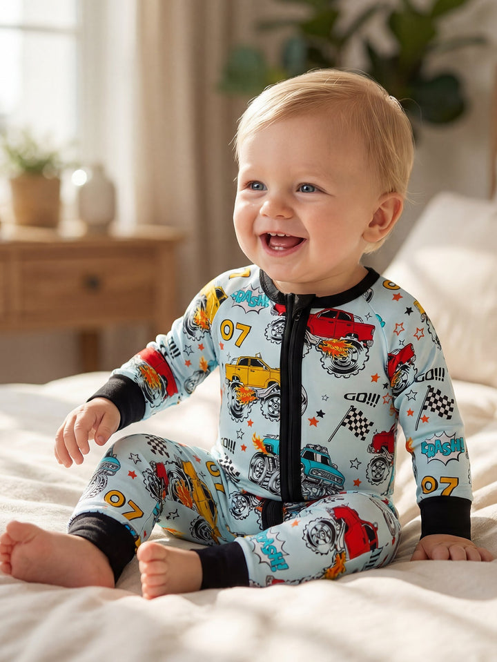 Monster Truck Footies Mitten Bamboo Long - Sleeve Baby One - Piece Double Zipper - MOSSRIVER