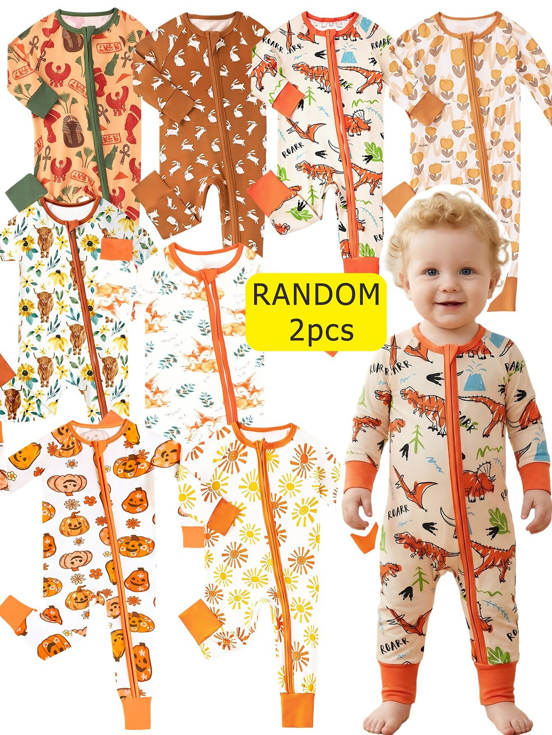 Mossriver 2pcs Random Bamboo Zip Baby Romper Soft Stretchy Breathable - MOSSRIVER
